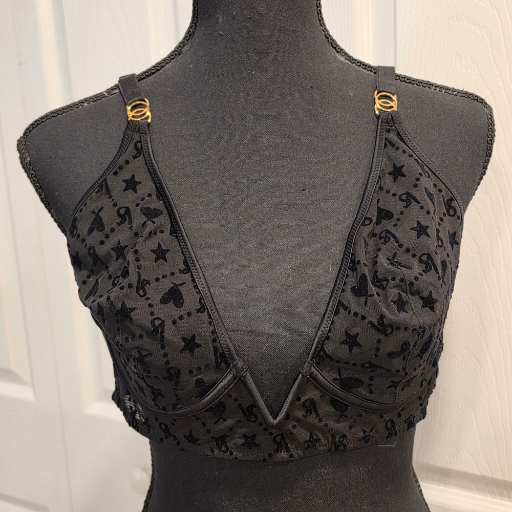 Victoria's Secret Bralette Women XL Black Flocked Logo Star Heart Cage Back Sexy